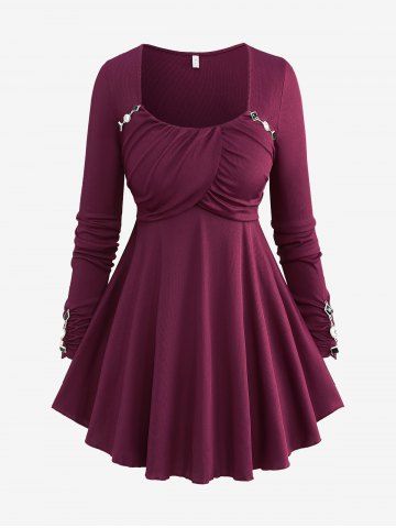 Plus Size Chains Asymmetrical Surplice Ruffles Ruched Square Neck Textured Top - DEEP RED - 1X | US 14-16