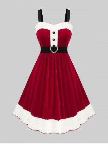 Plus Size Contrast Binding Fluffy Fur Trim Mock Buttons Heart Buckle Belt A Line Velvet Christmas Tank Dress - RED - L | US 12
