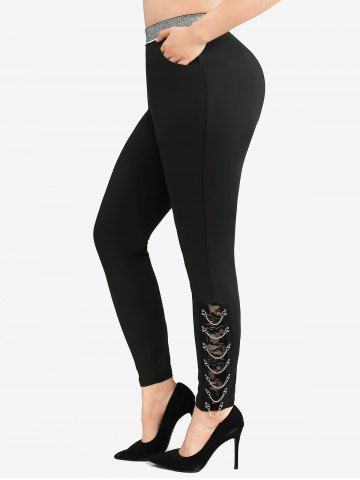 Plus Size Chains Floral Lace Pockets Leggings