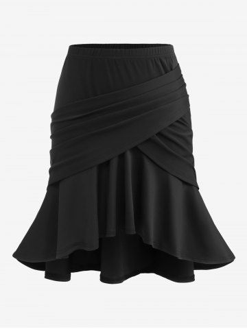 Plus Size Surplice Ruched Mermaid Skirt - BLACK - M | US 10