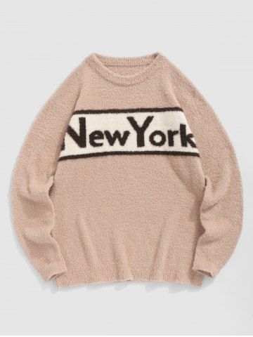 Men's Casual Letter New York Printed Round Neck Fuzzy Pullover Sweater - MULTI-A - M