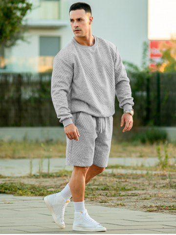 Crew Neck Drop Shoulder Jacquard Pullover Sweatshirt Drawstring Knee Length Shorts Two Piece Set - GRAY - XL