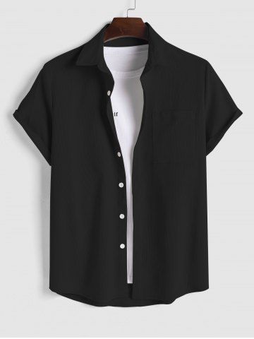 Solid Color Corduroy Short Sleeves Shirt - BLACK - S