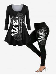 Halloween Skull Rose Bowknot Letters Printed T-shirt and Leggings Plus Size Matching Set -  