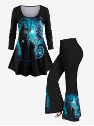 Cat Butterfly Angel Glitter Printed T-shirt and  Flare Pants Plus Size Matching Set -  