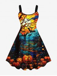 Plus Size Colorful Pumpkin Bat Tree Moon Print Halloween Dress -  