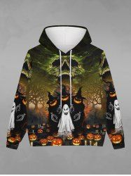 Gothic Halloween Pumpkin Ghost Tree Print Drawstring Hoodie For Men -  