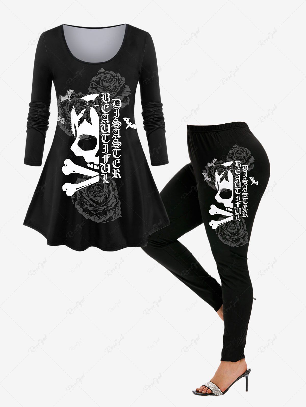 Store Halloween Skull Rose Bowknot Letters Printed T-shirt and Leggings Plus Size Matching Set  