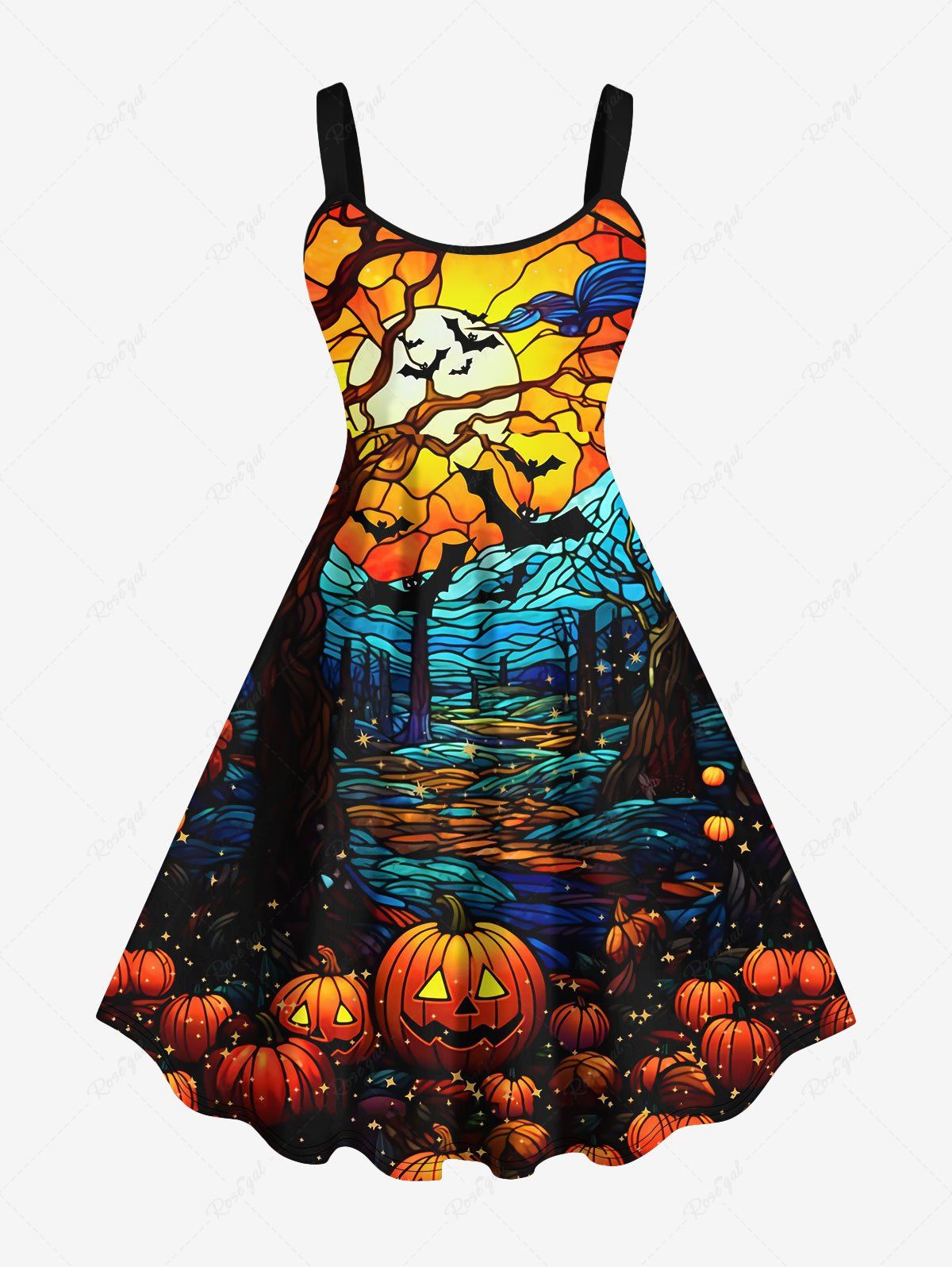 Sale Plus Size Colorful Pumpkin Bat Tree Moon Print Halloween Dress  