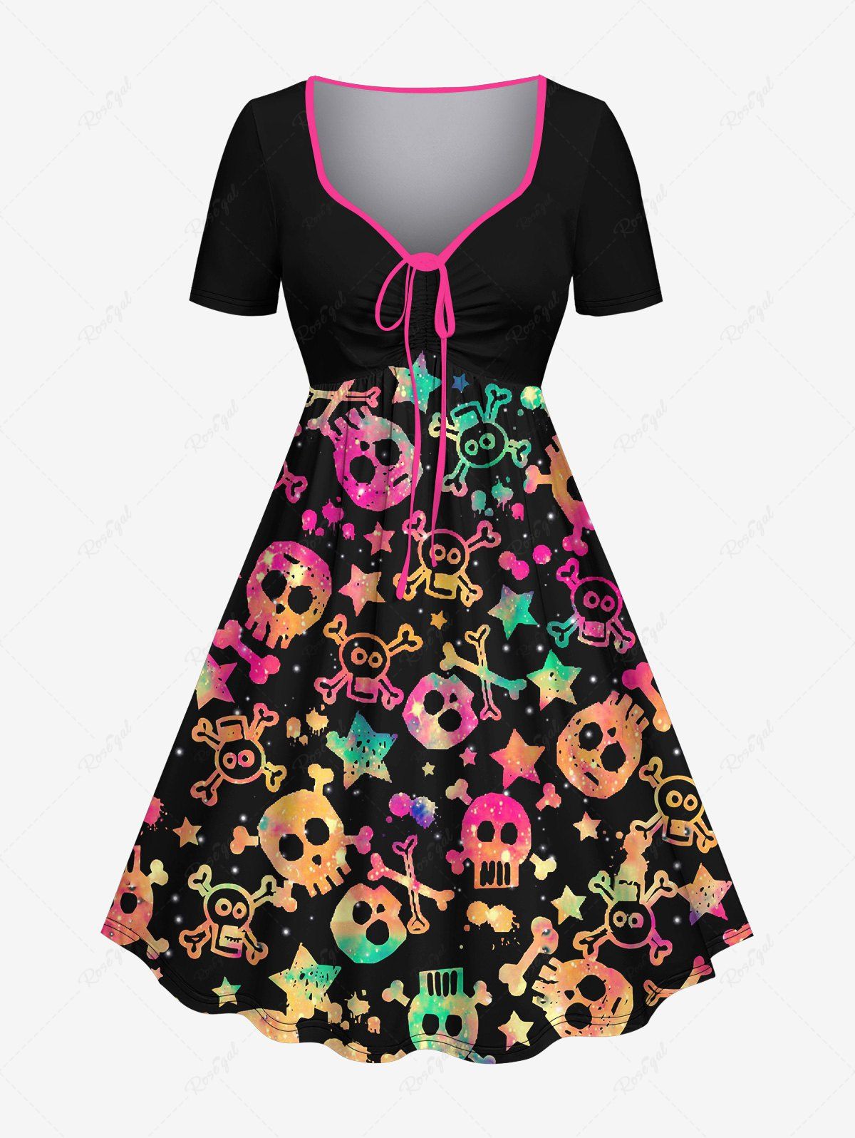 Cheap Plus Size Halloween Costume Skull Star Print Cinched Dress  
