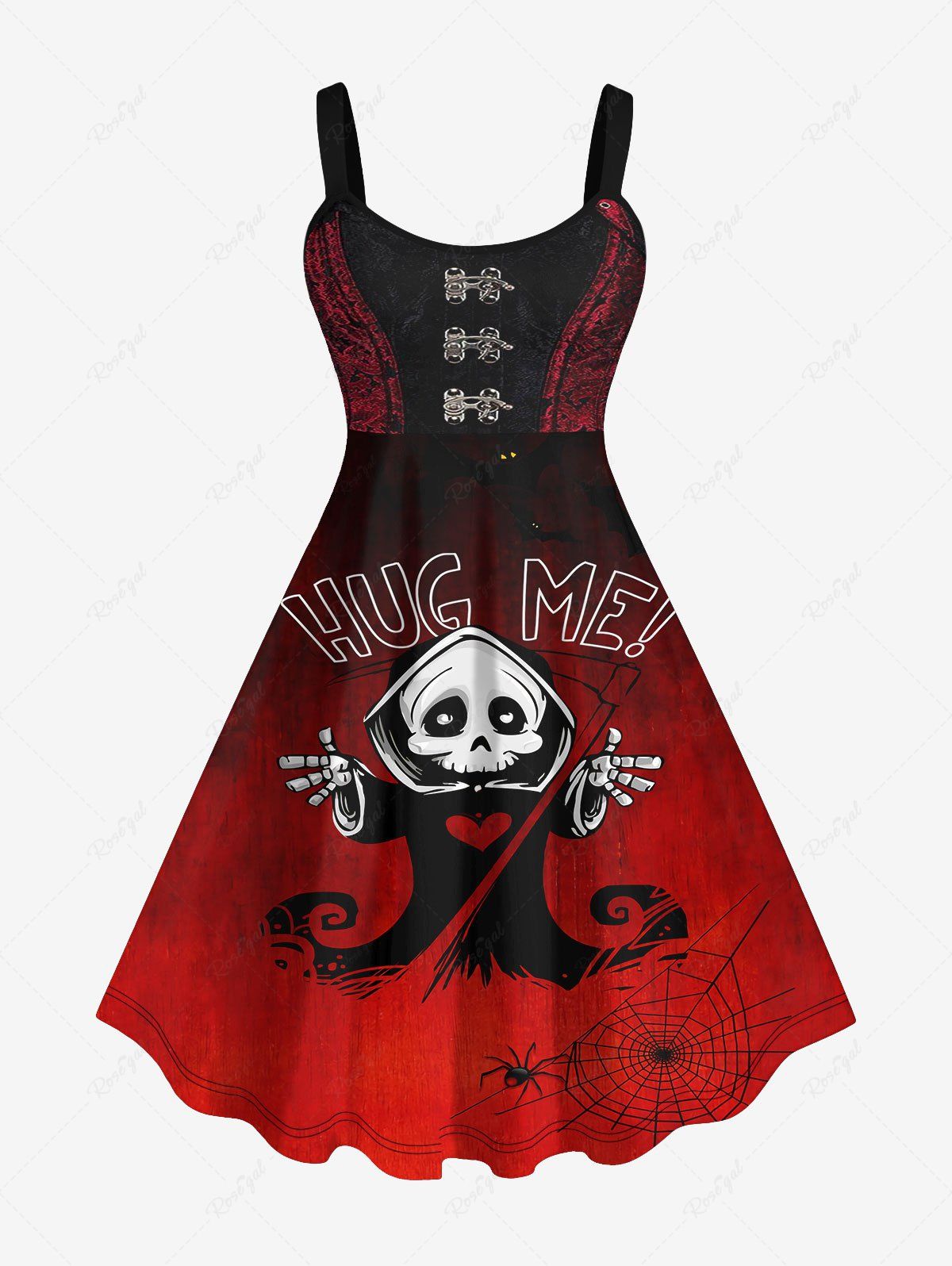 Robe D'Halloween Costume de Sorcier Crâne et Toile D'Araignée Imprimés de Grande Taille Rouge 6X