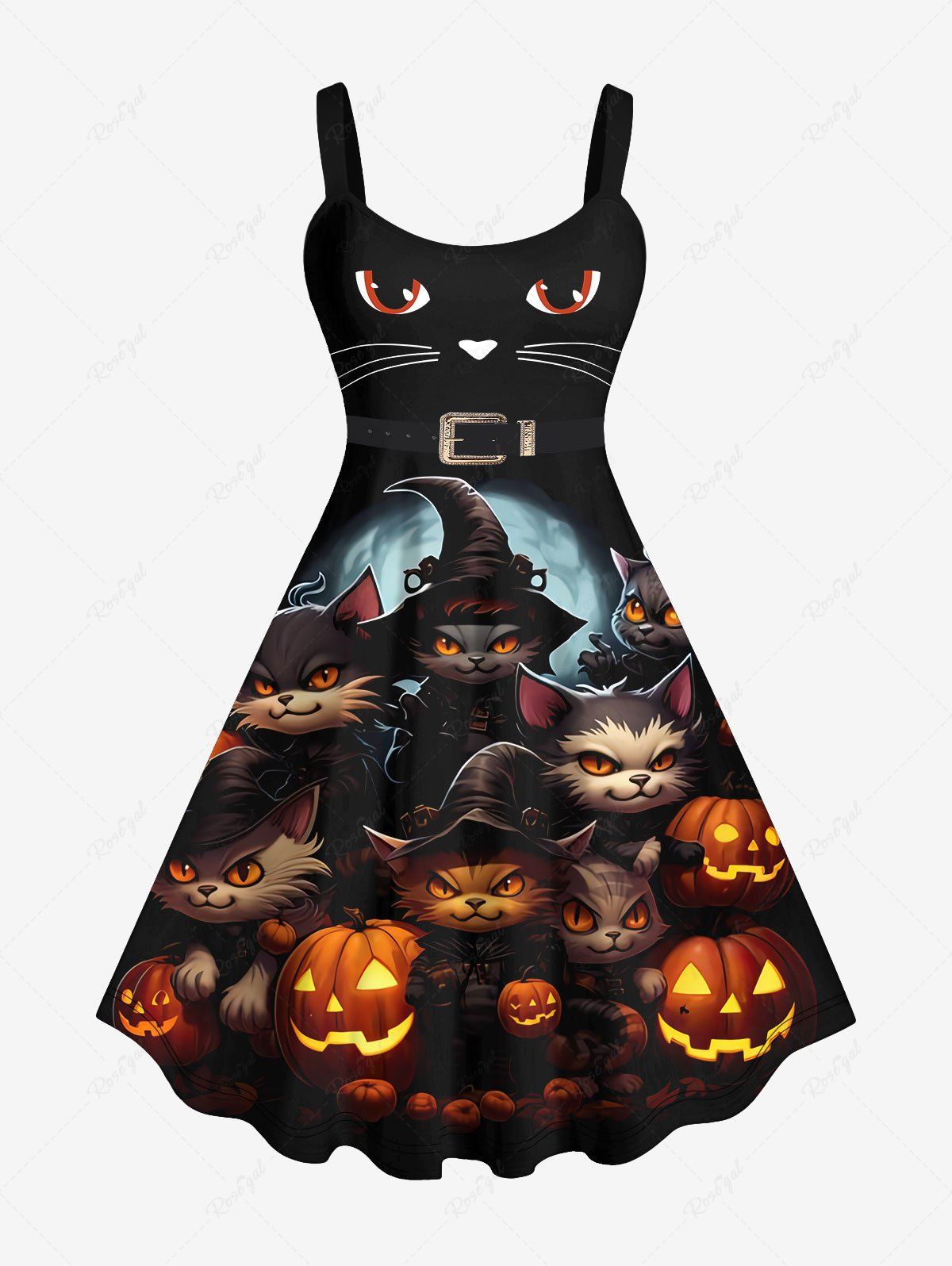 Outfits Plus Size Halloween Costume Pumpkin Cat Print Tank Dress  