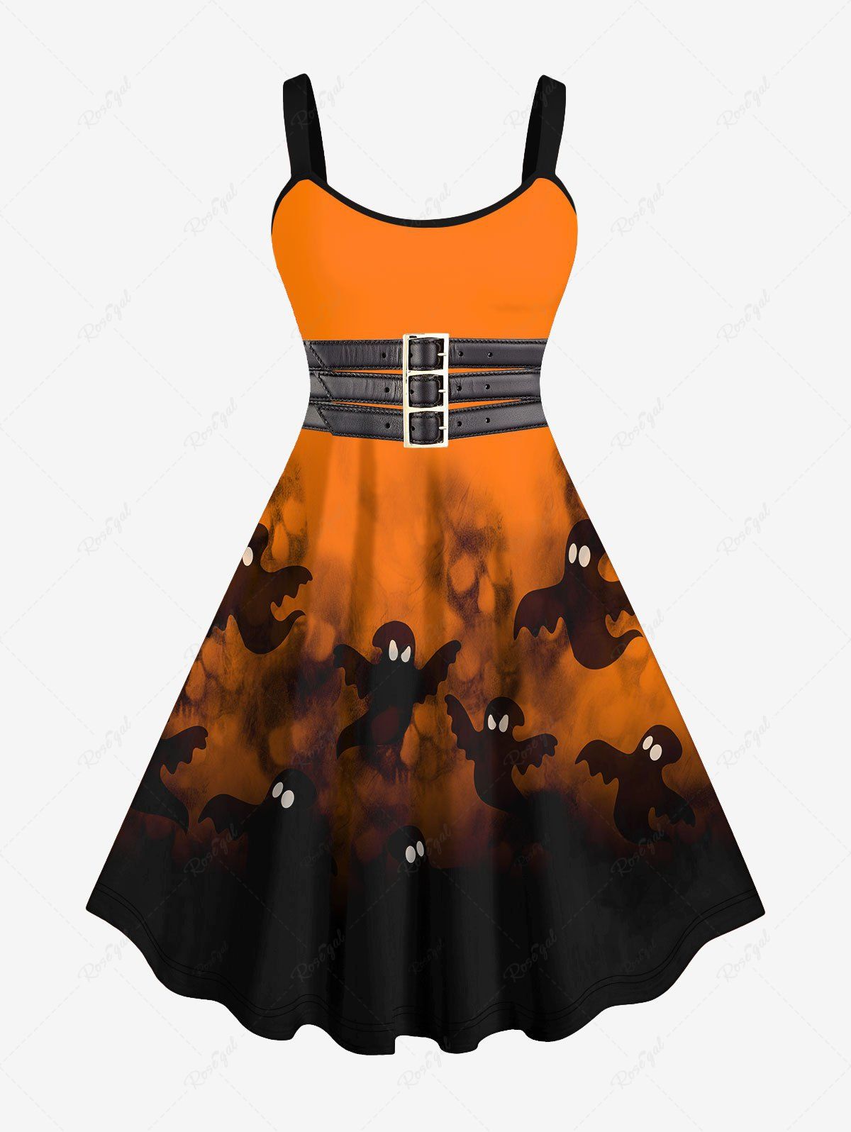 Robe D'Halloween en Blocs de Couleurs 3D Aile de Fantôme Imprimée en Cuir PU de Grande Taille Orange 6X
