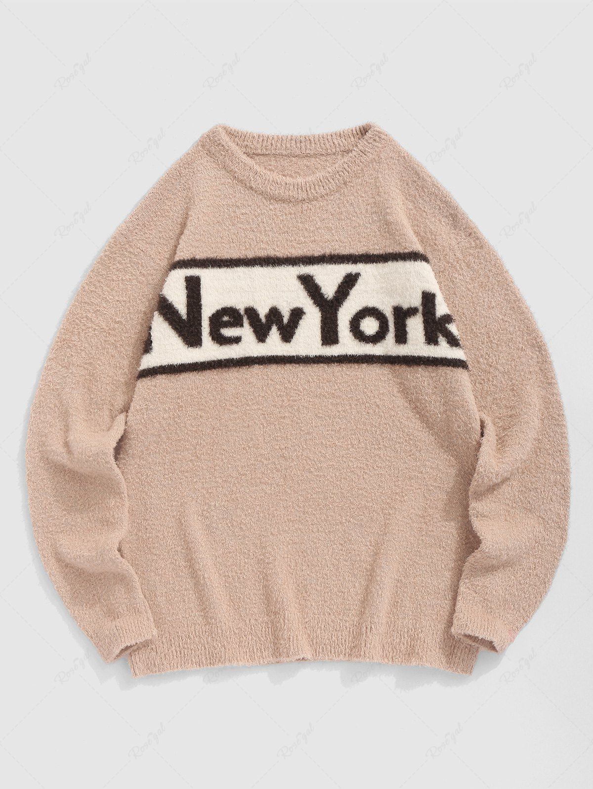 Hot Men's Casual Letter New York Printed Round Neck Fuzzy Pullover Sweater  