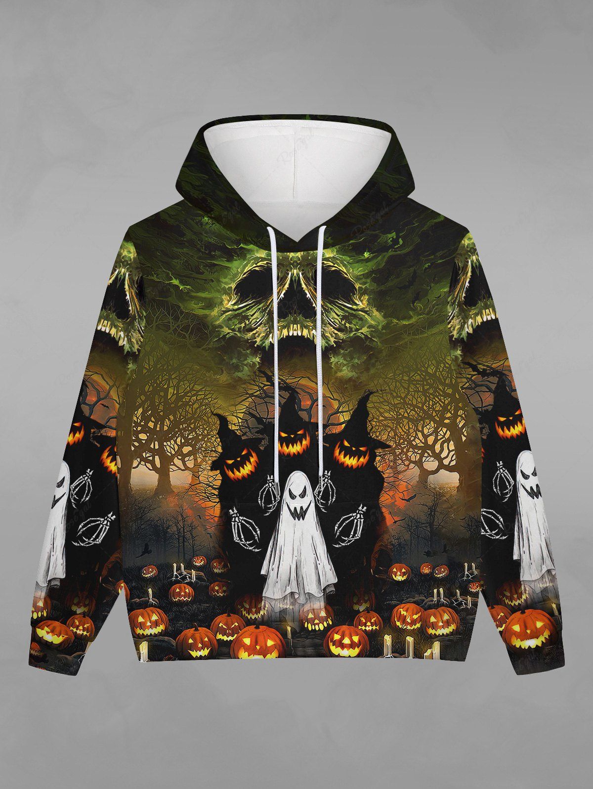 Best Gothic Halloween Pumpkin Ghost Tree Print Drawstring Hoodie For Men  