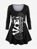 Halloween Skull Rose Bowknot Letters Printed T-shirt and Leggings Plus Size Matching Set -  