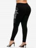Halloween Skull Rose Bowknot Letters Printed T-shirt and Leggings Plus Size Matching Set -  