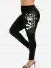 Halloween Skull Rose Bowknot Letters Printed T-shirt and Leggings Plus Size Matching Set -  