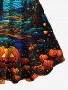 Plus Size Colorful Pumpkin Bat Tree Moon Print Halloween Dress -  