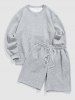 Crew Neck Drop Shoulder Jacquard Pullover Sweatshirt Drawstring Knee Length Shorts Two Piece Set -  