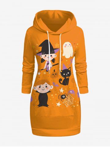 Plus Size Cat Pumpkin Candy Spider Web Ghost Print Halloween Drawstring Hoodie Dress - ORANGE - L