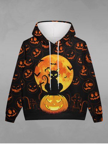 Gothic Halloween Pumpkin Cat Moon Print Drawstring Hoodie For Men