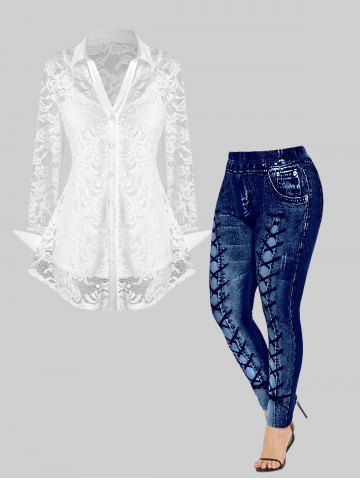 Lace See Thru Blouse with Cami Top Set and High Waisted 3D Printed Leggings Plus Size Outfit