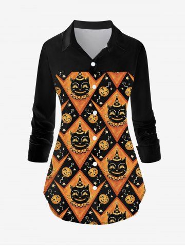Plus Size Halloween Pumpkin Cat Rhombus Colorblock Print Buttons Blouse - BLACK - XL