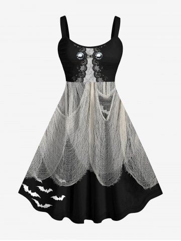 Plus Size Halloween Bat Ripped Gauze Applique Lace 3D Print Tank Dress - BLACK - S