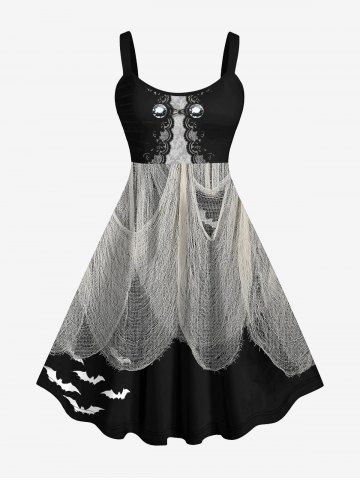Plus Size Halloween Bat Ripped Gauze Applique Lace 3D Print Tank Dress - BLACK - 1X