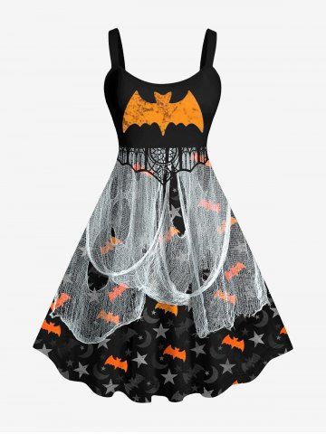 Plus Size Halloween Bat Moon Star Ripped Gauze Print Tank Dress - BLACK - L