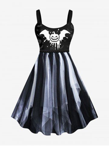Plus Size 3D Bat Pumpkin Spider Mesh Print Halloween Tank Dress - BLACK - 2X