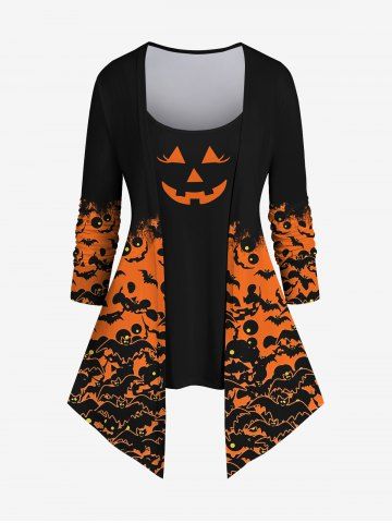 Plus Size Bats Pumpkin Devil Print Halloween 2 in 1 Patchwork T-shirt - ORANGE - L