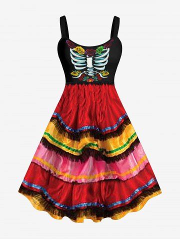Plus Size Halloween Zombie Bride Flower Skeleton Colorblock Tassel 6D Print Tank Dress - MULTI-A - 2X