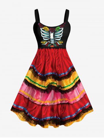 Plus Size Halloween Zombie Bride Flower Skeleton Colorblock Tassel 6D Print Tank Dress - MULTI-A - 4X