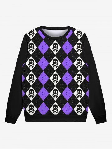 Gothic Halloween Skull Rhombus Colorblock Print Sweatshirt For Men - PURPLE - L