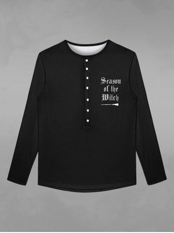 Gothic Letters Print Buttons T-shirt For Men - BLACK - XS