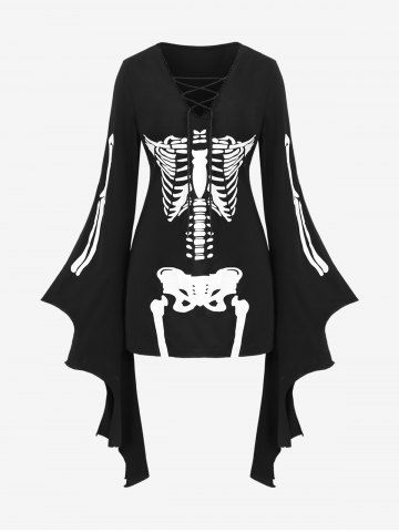 Plus Size Halloween Skeleton Print Lace Up Bell Sleeve Fitted Dress