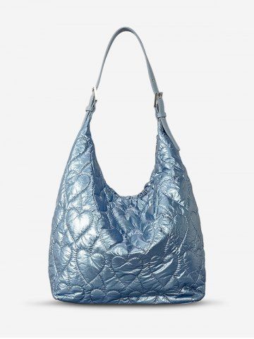 Women's Winter Soft Padded Puffer Quilted Heart Pattern High Capacity Shoulder Bag - LIGHT SKY BLUE