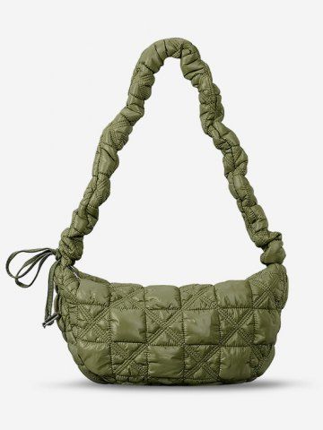 Women's Solid Color Argyle Quilted Puffer Drawstring Design Hobo Bag - FERN GREEN