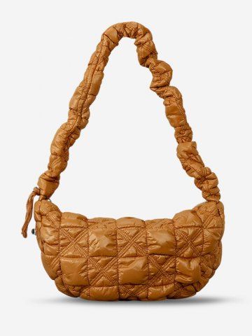Women's Solid Color Argyle Quilted Puffer Drawstring Design Hobo Bag - TIGER ORANGE