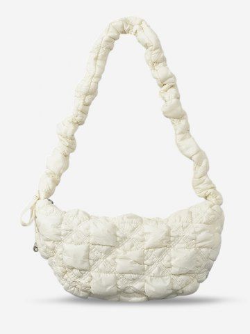 Women's Solid Color Argyle Quilted Puffer Drawstring Design Hobo Bag - WHITE