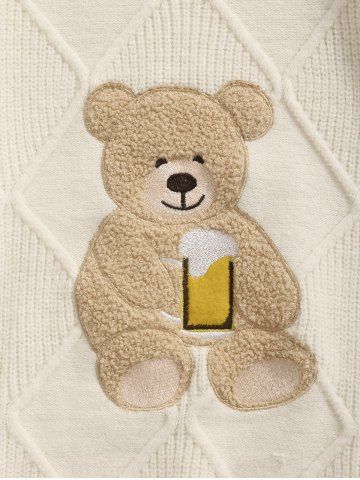 Men's Terry Cloth Bear Embroidered Patch Design Round Neck Pullover Sweater