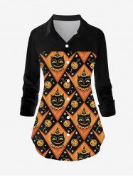 Plus Size Halloween Pumpkin Cat Rhombus Colorblock Print Buttons Blouse -  