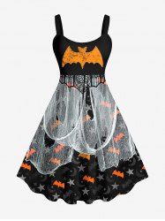 Plus Size Halloween Bat Moon Star Ripped Gauze Print Tank Dress -  