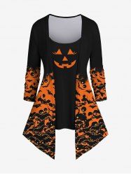 Plus Size Bats Pumpkin Devil Print Halloween 2 in 1 Patchwork T-shirt -  