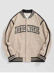 Men's Daily Preppy Stripes Panel Letter Embroidered Snap Button Pockets Faux Suede Baseball Varsity Jacket -  