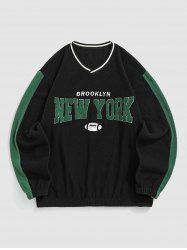 Men's Fleece Insert BROOKLYN NEW YORK Letter Embroidered Striped Ribbed V Neck Pullover Sweatshirt -  