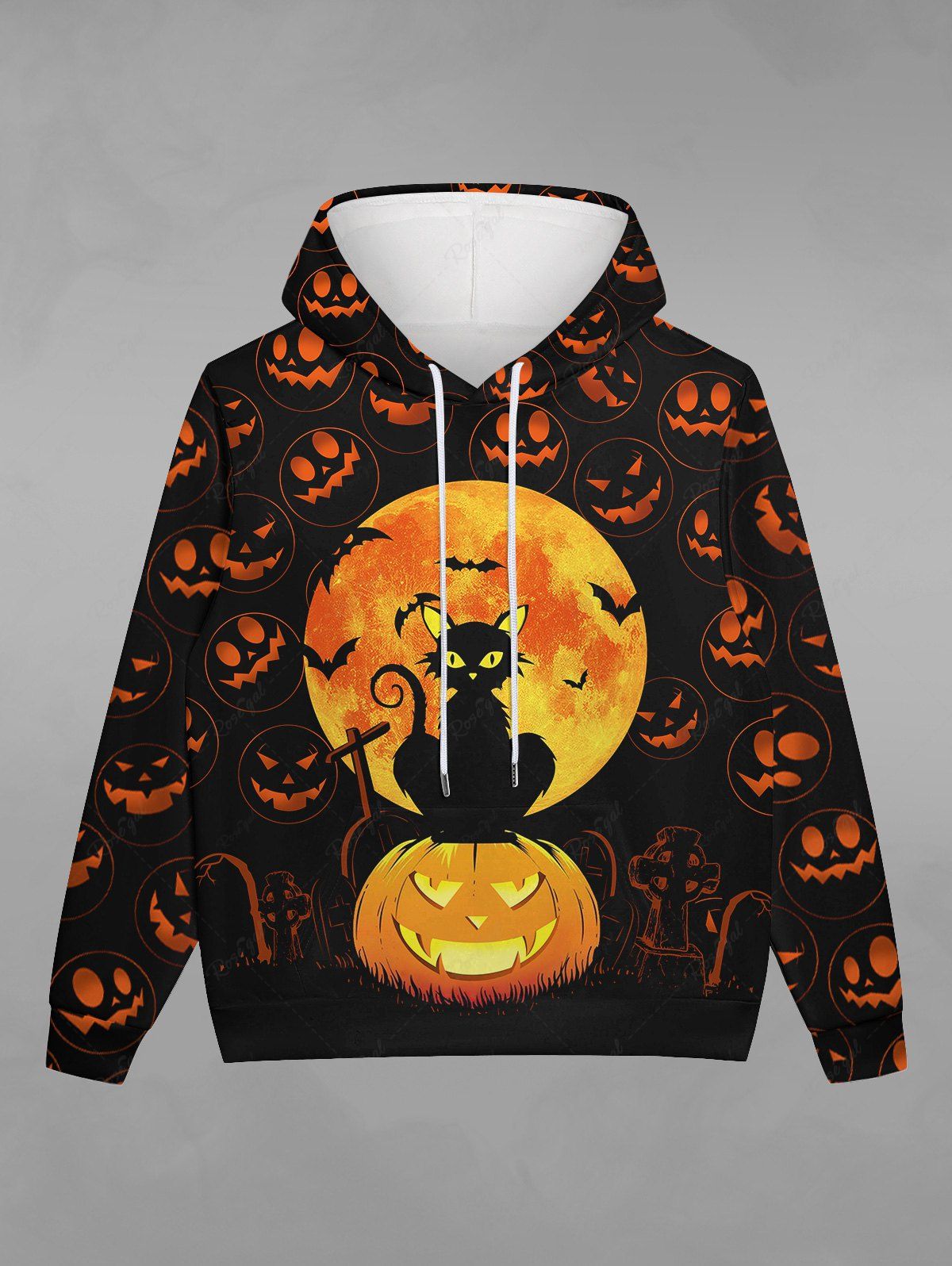 Shop Gothic Halloween Pumpkin Cat Moon Print Drawstring Hoodie For Men  