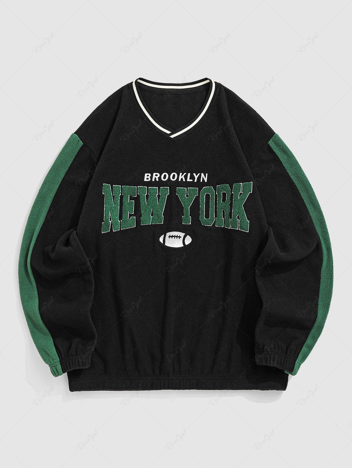 Cheap Men's Fleece Insert BROOKLYN NEW YORK Letter Embroidered Striped Ribbed V Neck Pullover Sweatshirt  